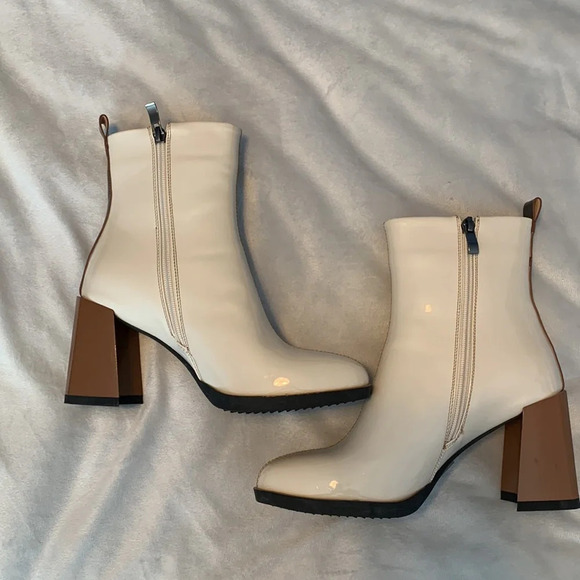 Azalea Wang size 7 ecru patent leather chunky brown heel boots disco side zip 7 - Picture 3 of 8